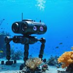 An underwater robot with cameras and articulated arms navigating a colorful coral reef, highlighting its role in marine ecosystem conservation.