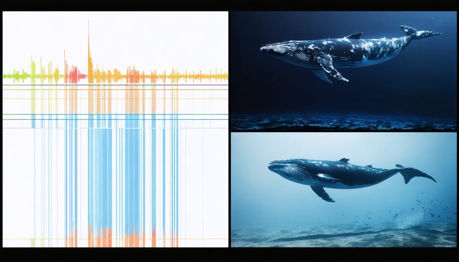 Visual comparison of whale song patterns and the whales producing them, showing sound wave patterns
