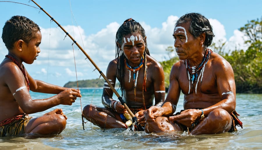 Indigenous Australian elders demonstrating traditional fishing methods to youth