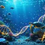Illustration of marine conservation through AI and genomics, showing glowing neural networks intertwined with DNA strands amid vibrant marine life like corals and sea turtles.