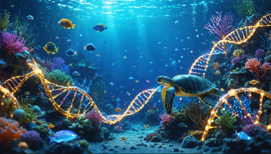 Illustration of marine conservation through AI and genomics, showing glowing neural networks intertwined with DNA strands amid vibrant marine life like corals and sea turtles.