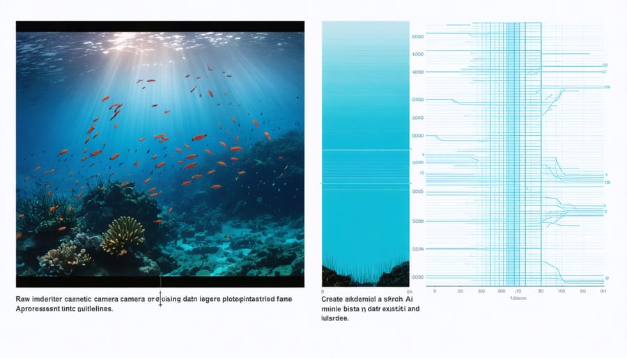 Side-by-side comparison of underwater footage and AI analysis highlighting marine species interactions