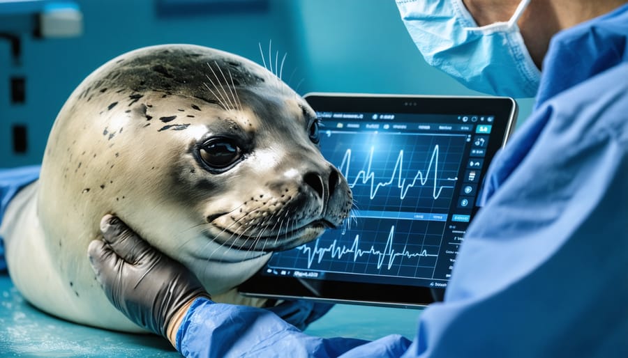 Veterinarian analyzing real-time health data of a seal patient on a smart device