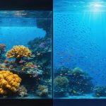 Split-screen visualization showing raw underwater footage alongside AI-processed data analysis, highlighting interactions among diverse marine species.