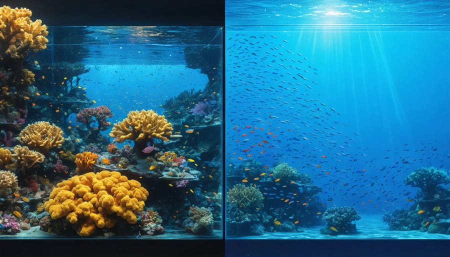 Split-screen visualization showing raw underwater footage alongside AI-processed data analysis, highlighting interactions among diverse marine species.