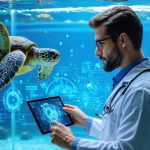 Marine veterinarian using an AI-enabled tablet to monitor the health and recovery progress of a sea turtle in a rehabilitation center.