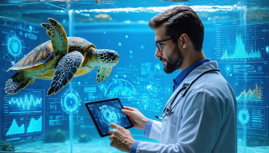 Marine veterinarian using an AI-enabled tablet to monitor the health and recovery progress of a sea turtle in a rehabilitation center.