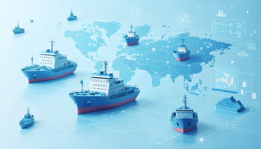 Digital visualization of marine vessel tracking using AI, showing ships, tracking data, and detection zones