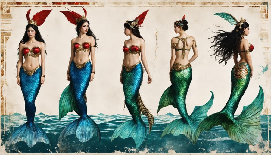 Historical artistic representations of mermaids from various world cultures
