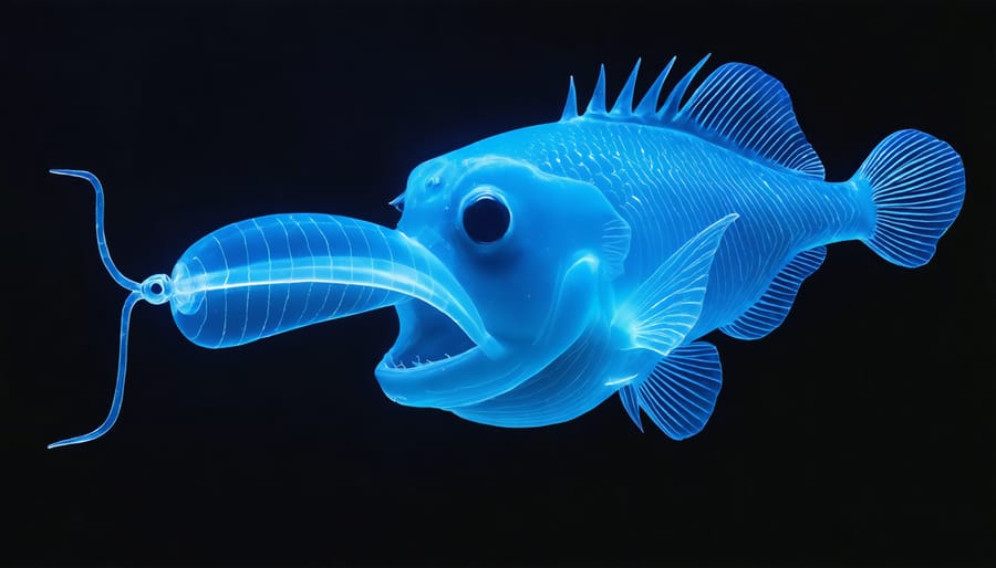 Anglerfish with glowing bioluminescent lure extending from its head and characteristic wide mouth with sharp teeth