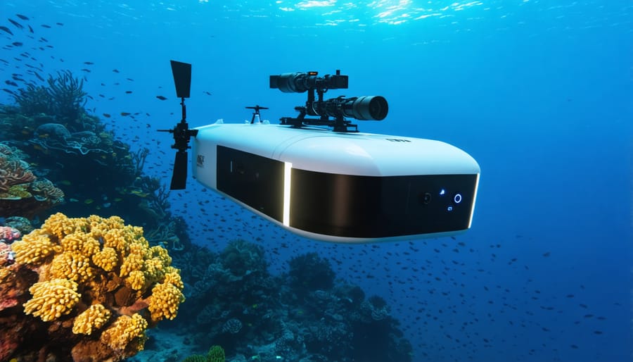 High-tech autonomous underwater vehicle monitoring marine life near a vibrant coral reef