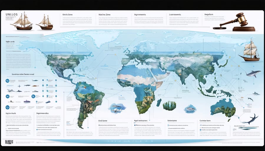 Infographic depicting layers of international maritime laws and zones, including UNCLOS divisions, with representations of legal documents, marine life like coral reefs, and symbols of justice to illustrate legal services in ocean conservation.