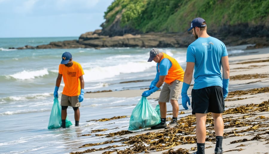 Group of community volunteers collecting trash from a beach during organized cleanup event