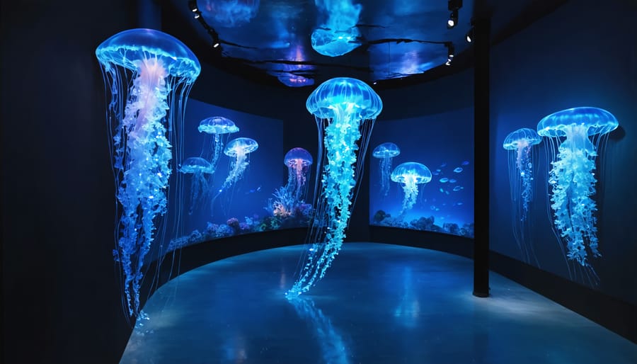 Conceptual art installation showcasing illuminated jellyfish and deep-sea creatures suspended in a darkened space, representing an immersive 3D experience in marine science education.