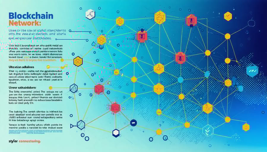 Blockchain network diagram illustrating marine data management and smart contracts for ocean resources