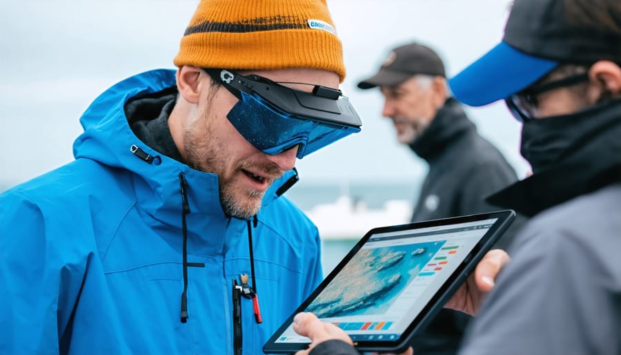 Group of people using digital devices to participate in marine research data collection