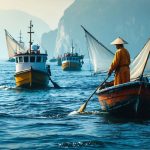Local fishermen casting traditional nets near modern tourist vessels, showcasing the blend of ancient maritime practices with contemporary coastal tourism.