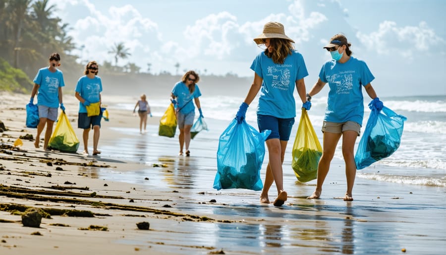 Diverse group of coastal community residents collecting marine debris during an organized beach cleanup