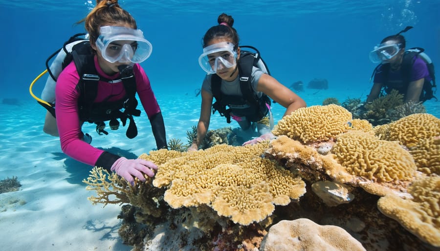 Community-based marine conservation project showing people installing artificial reef structures