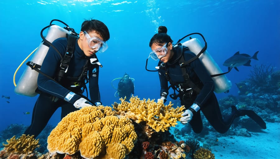 Indigenous diver and marine scientist conducting underwater reef surveys together