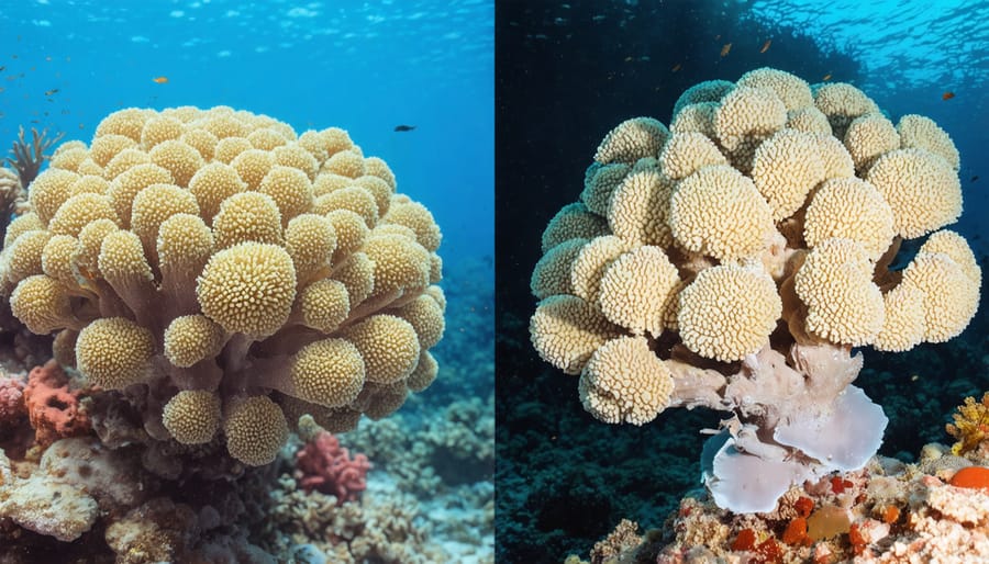 Side-by-side comparison of vibrant healthy coral reef and white bleached coral affected by warming waters