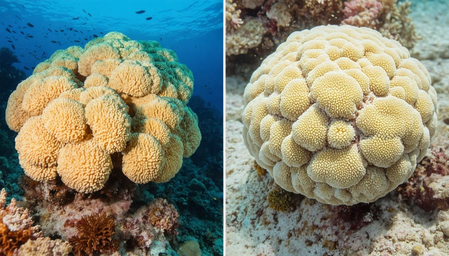 Split image showing vibrant, colorful coral reef on one side and stark white bleached coral on the other