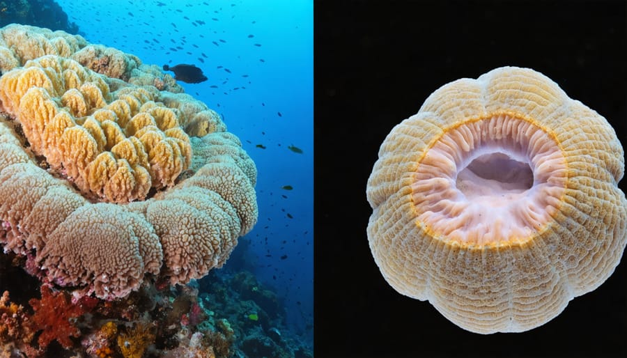 Close-up of coral polyps with beneficial bacteria highlighted, demonstrating microbial restoration