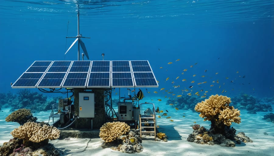 Self-powered coral reef monitoring station with scientific equipment and renewable energy components