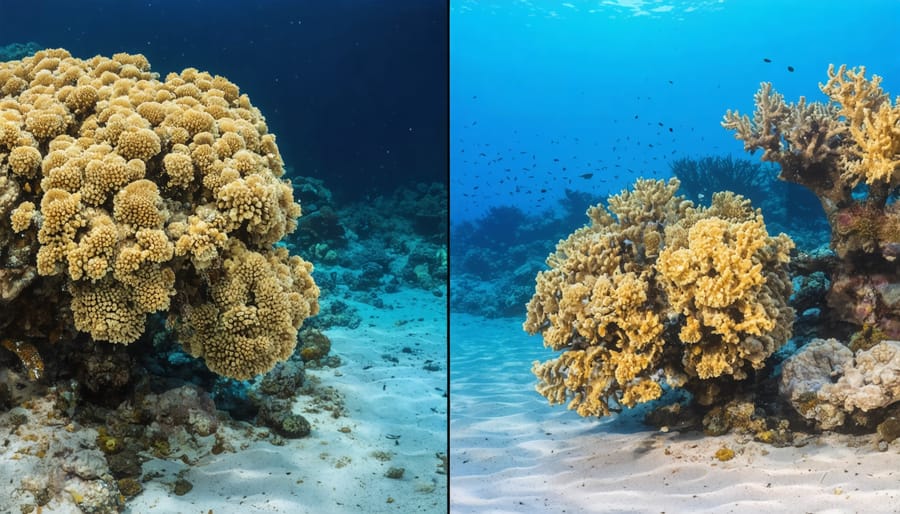 Comparison of healthy and degraded coral reef systems showing impact of coastal development