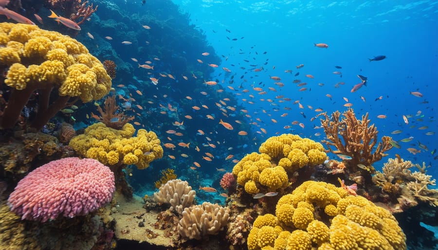 Diverse coral reef ecosystem showing colorful fish, hard and soft corals, and marine life interactions
