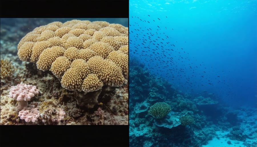 Split-screen comparison showing coral reef ecosystem health analysis through genomic monitoring