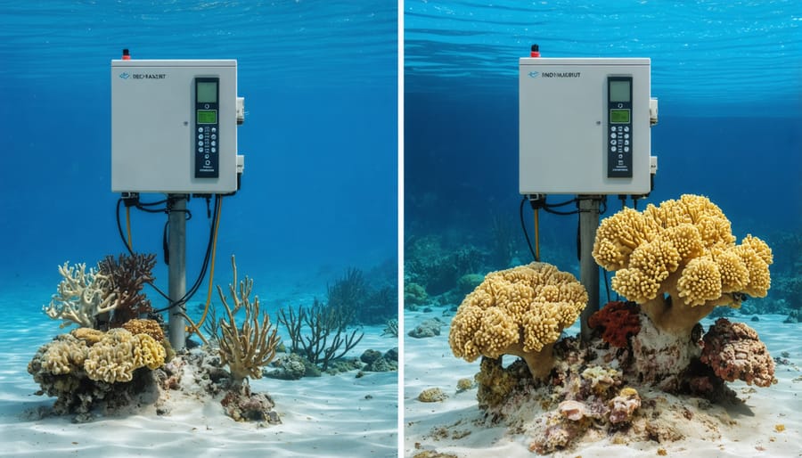 Before and after comparison of coral reef with monitoring equipment visible