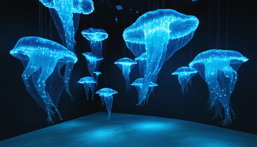 Immersive art installation featuring illuminated jellyfish and deep-sea creatures floating in a darkened gallery space