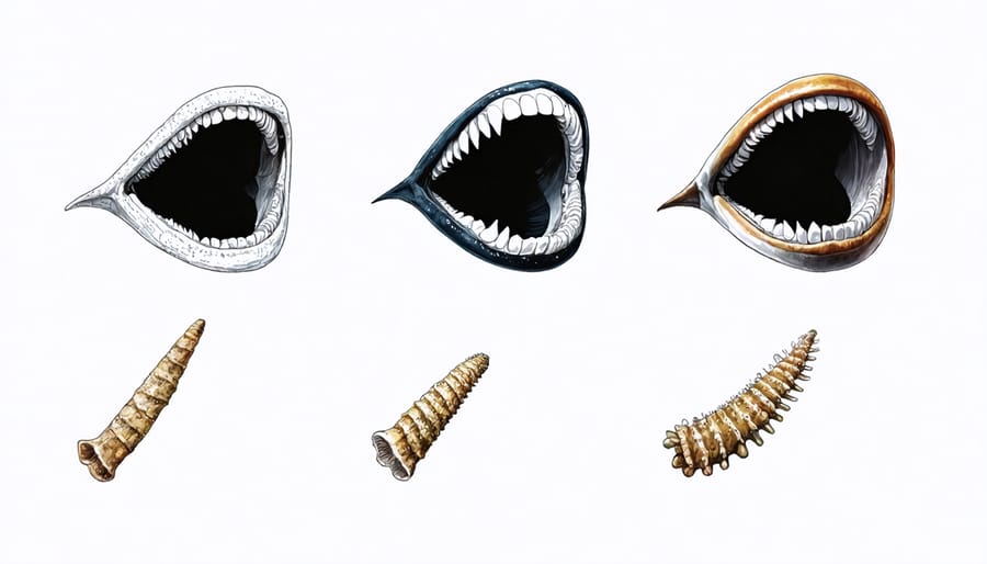 Scientific illustration showing various deep sea fish mouth structures including gulper eel, viperfish, and dragonfish