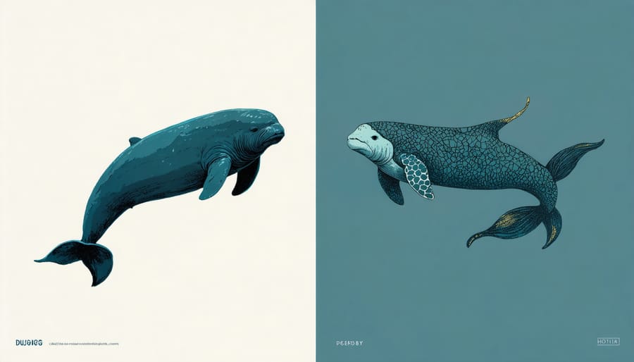 Comparative image showing a dugong swimming alongside a traditional mermaid drawing