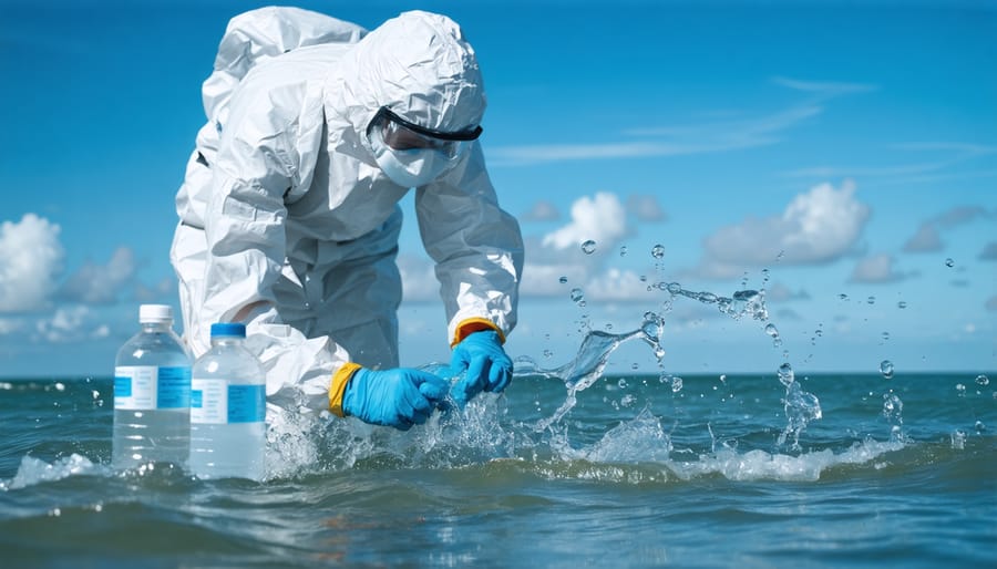 Marine biologist using specialized equipment to collect environmental DNA samples from ocean water