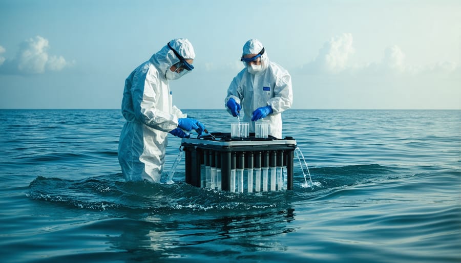 Marine researchers collecting environmental DNA samples from ocean water