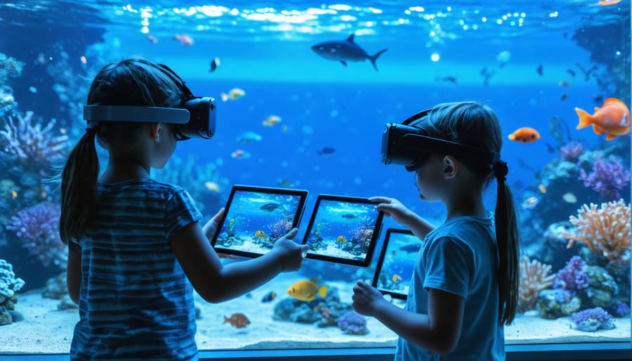 Students using digital devices to interact with a 3D marine ecosystem installation