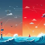 Split screen showing traditional marine weather prediction tools like barometers and sailor observations versus modern digital displays, satellites, and buoys, illustrating the blend of old and new techniques in oceanic weather forecasting.