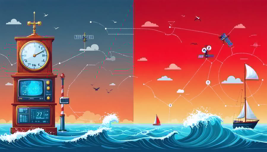 Split screen showing traditional marine weather prediction tools like barometers and sailor observations versus modern digital displays, satellites, and buoys, illustrating the blend of old and new techniques in oceanic weather forecasting.
