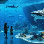 Exhibit at a museum showcasing marine life sculptures made from recycled materials, with digital touch-screens and visitors interacting with the display.
