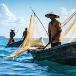 Indigenous fishermen from Guatemala casting traditional nets from wooden boats along the Pacific coast, embodying sustainable fishing practices that blend ecological harmony with cultural heritage.
