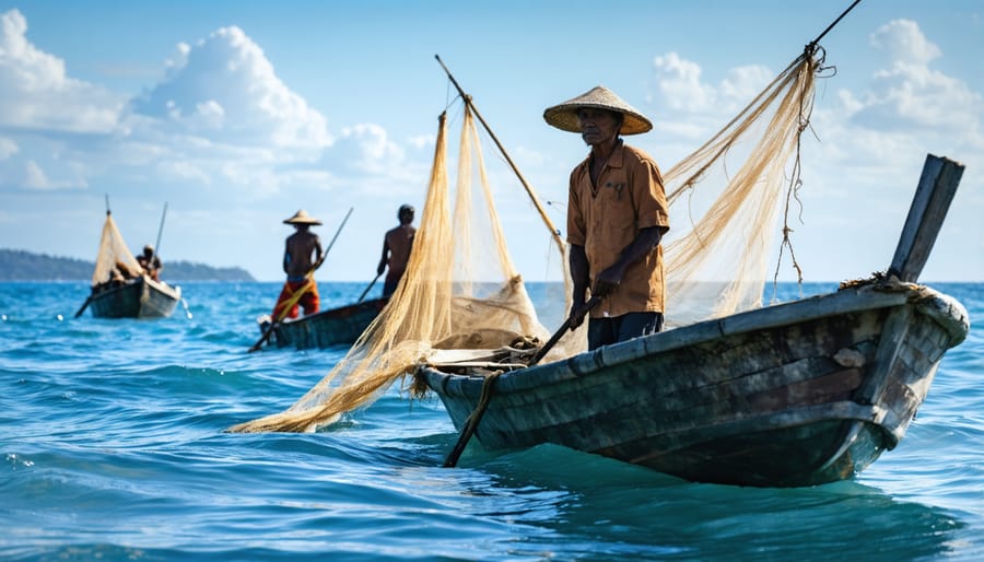 Indigenous fishermen from Guatemala casting traditional nets from wooden boats along the Pacific coast, embodying sustainable fishing practices that blend ecological harmony with cultural heritage.