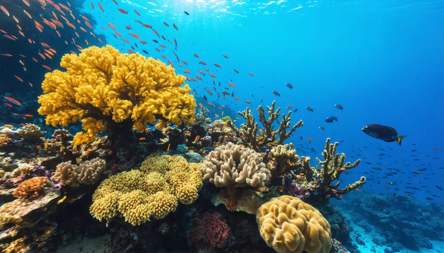 Vibrant coral reef showing schools of fish and healthy marine habitat