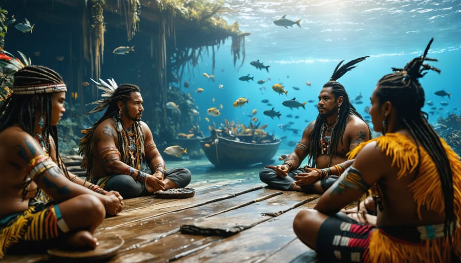 Group of indigenous community leaders gathered in traditional attire reviewing marine protection maps