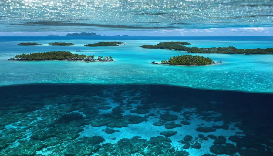 Underwater view of coral restoration efforts with indigenous divers working on reef preservation