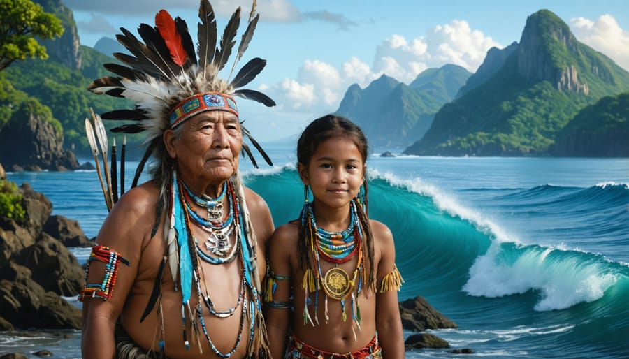 An indigenous elder and marine scientist collaborate on sustainable ocean conservation methods, blending traditional ecological knowledge with contemporary scientific practices.