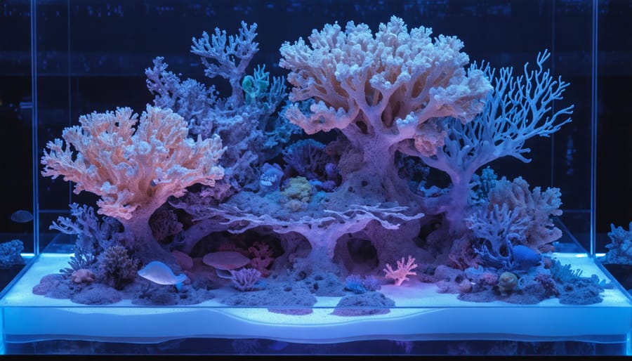 Vibrant 3D printed coral reef sculpture with interactive elements showing coral bleaching effects