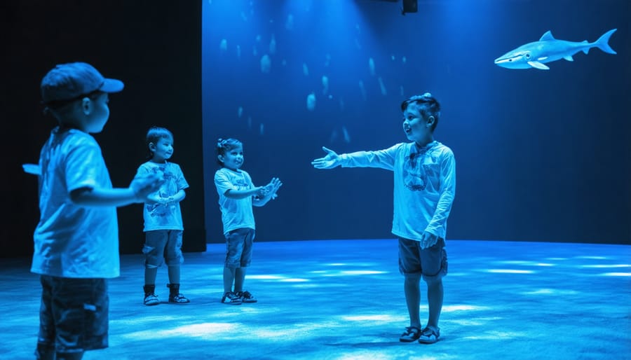 Interactive performance showing actors in marine creature costumes teaching children about ocean life