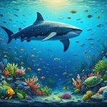 Illustration of a tropical marine ecosystem featuring coral reefs with diverse marine species, including fish, turtles, and a whale shark, showcasing biodiversity and ecological connections.